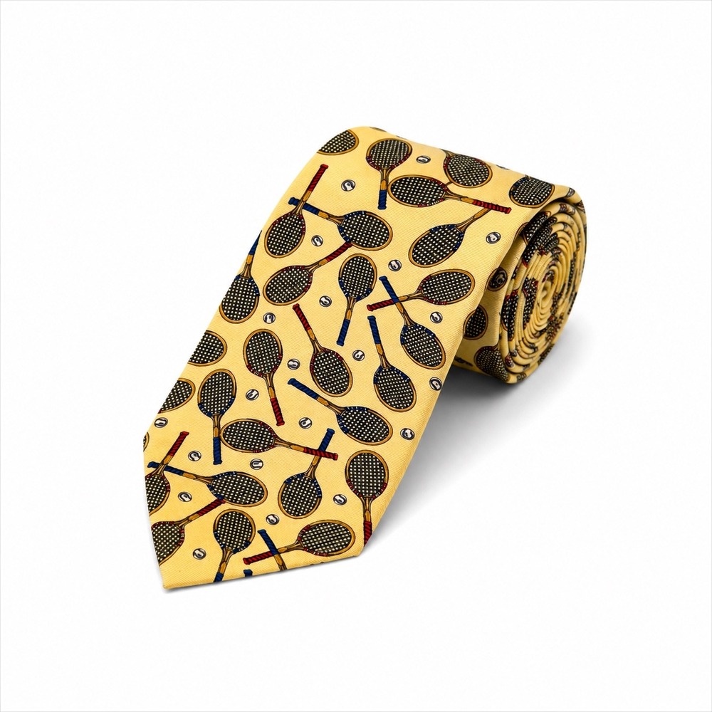Tommy Hilfiger Tennis Racket Silk Necktie Mens Yellow Preppy Country Club Lux